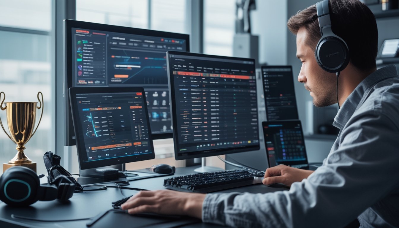 Seorang profesional sedang menganalisis data taruhan esports di meja kerja dengan beberapa monitor dan perangkat elektronik.
