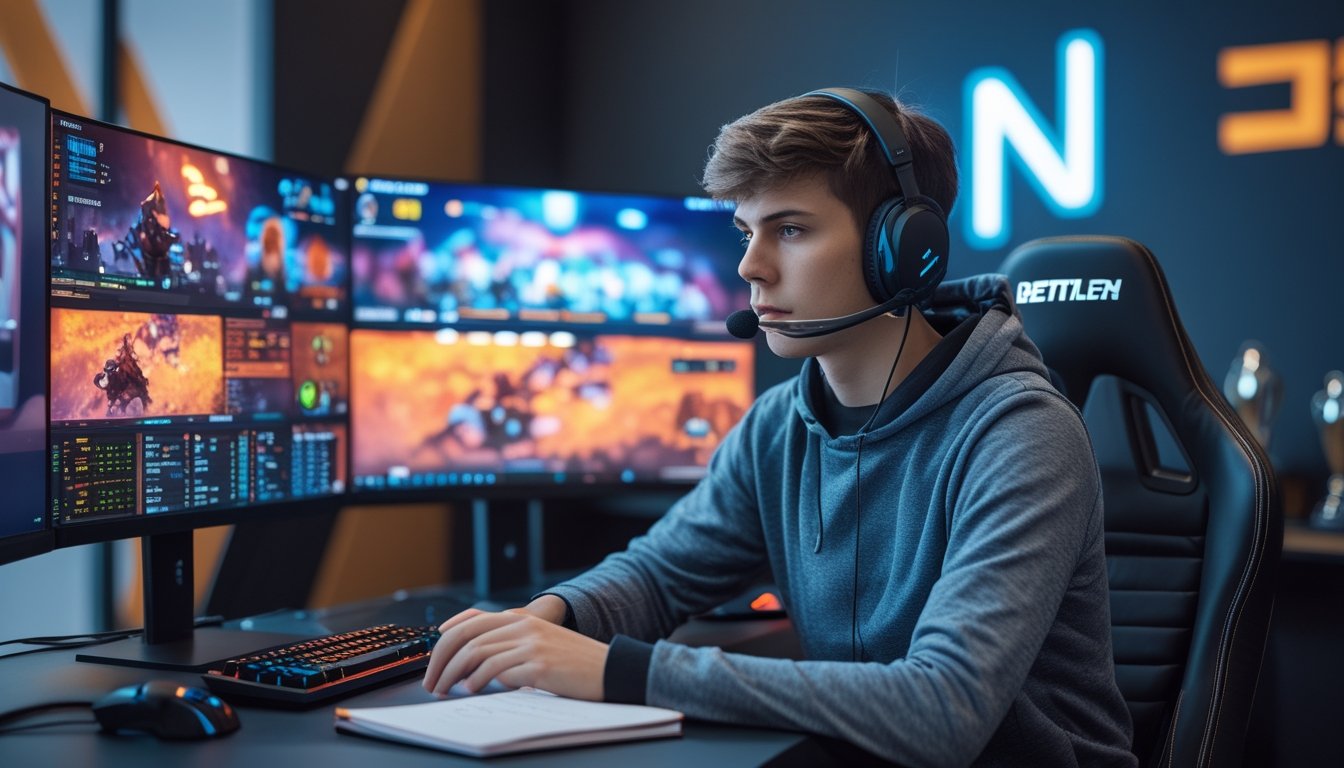 Seorang pemain esports muda duduk di depan meja gaming dengan beberapa monitor yang menampilkan permainan dan statistik taruhan, terlihat fokus dan serius.