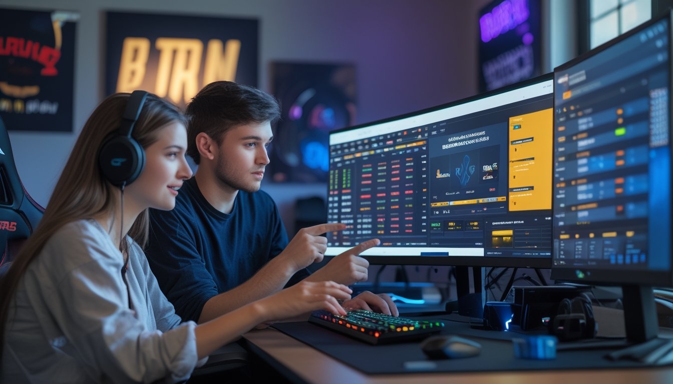 Dua orang muda duduk di depan beberapa monitor yang menampilkan permainan esports dan grafik taruhan, sedang berdiskusi di sebuah ruangan dengan peralatan gaming.