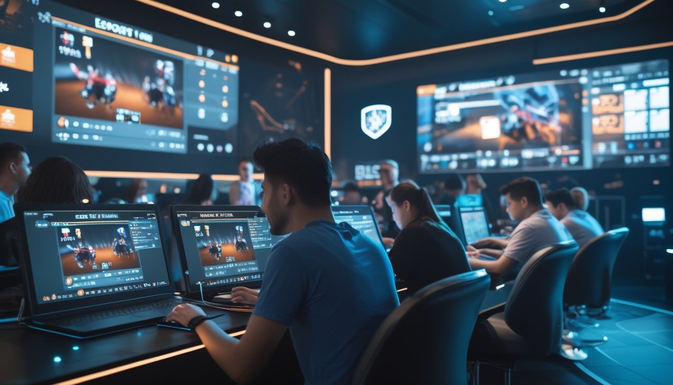 Sejumlah orang muda sedang bertaruh secara langsung pada pertandingan esports dengan layar besar menampilkan pertandingan dan grafik peluang waktu nyata di ruang permainan modern.