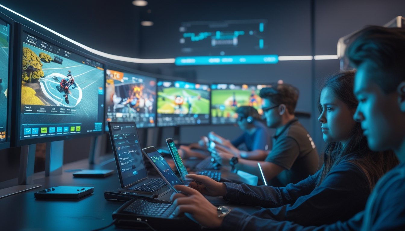 Sekelompok orang muda sedang menggunakan perangkat digital untuk memasang taruhan langsung pada pertandingan esports yang sedang berlangsung di monitor besar.