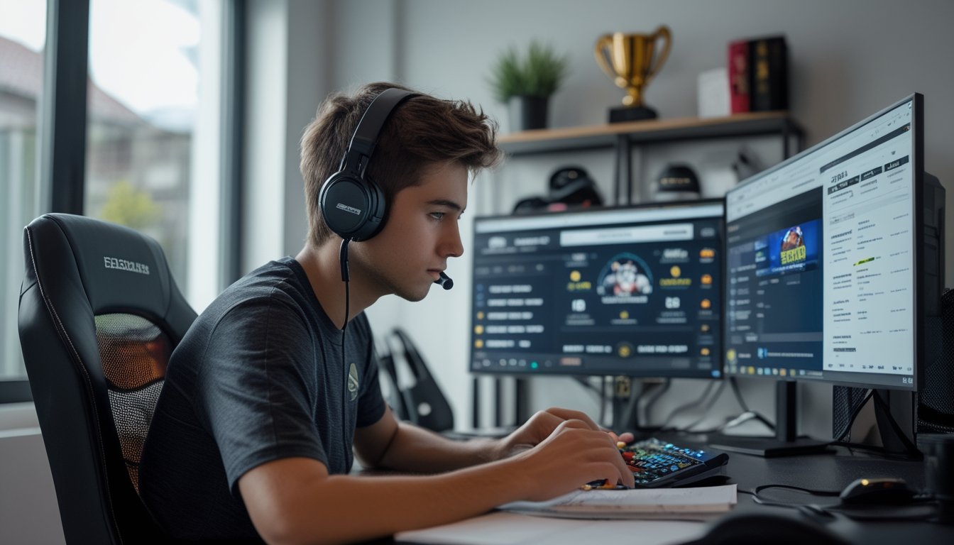 Seorang pria muda duduk di meja dengan beberapa monitor komputer yang menampilkan permainan esports dan situs taruhan online, tampak fokus dan sedang mencatat informasi.