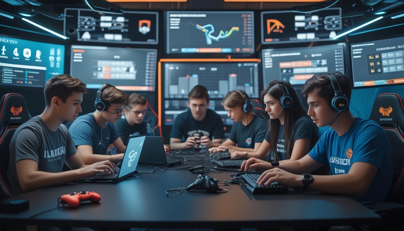 Beberapa orang muda sedang menggunakan komputer dan ponsel di ruangan gaming modern dengan layar yang menampilkan permainan esports dan data taruhan.