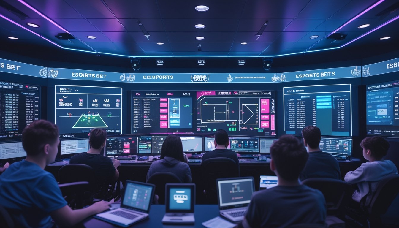 Sekelompok orang muda sedang menggunakan perangkat elektronik di ruang modern dengan layar yang menampilkan permainan esports dan statistik pertandingan.