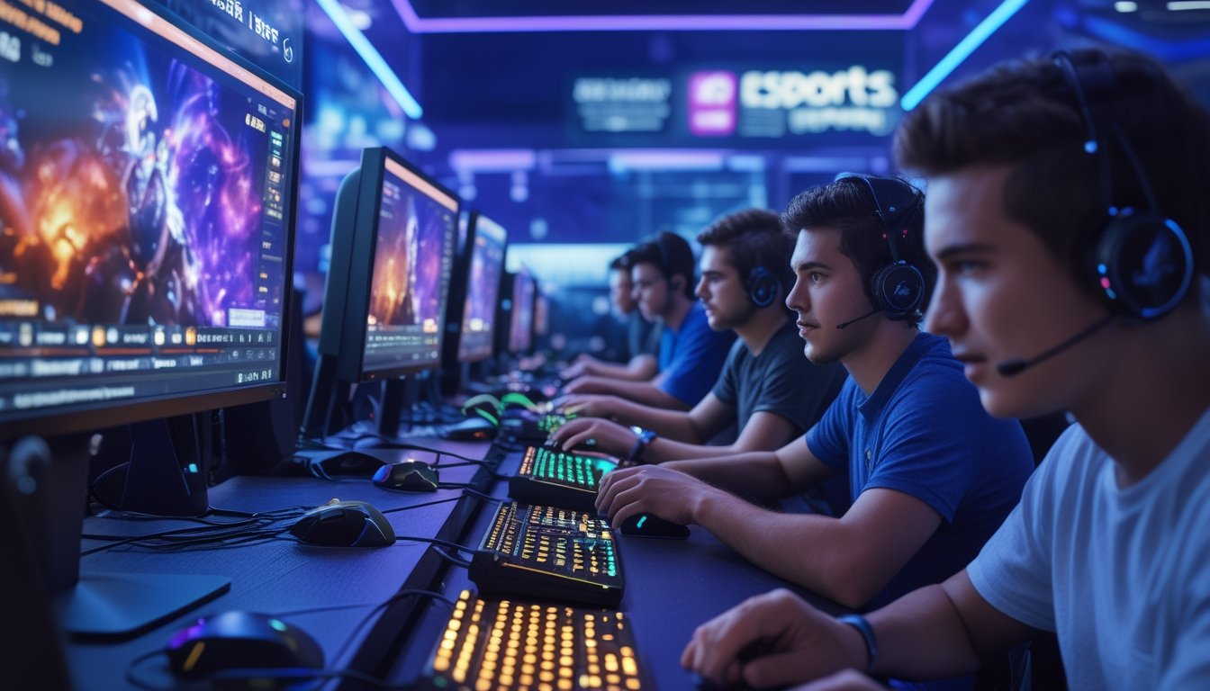Sekelompok orang muda sedang fokus bermain dan memasang taruhan pada permainan esports di ruangan gaming yang modern dengan pencahayaan biru dan ungu.