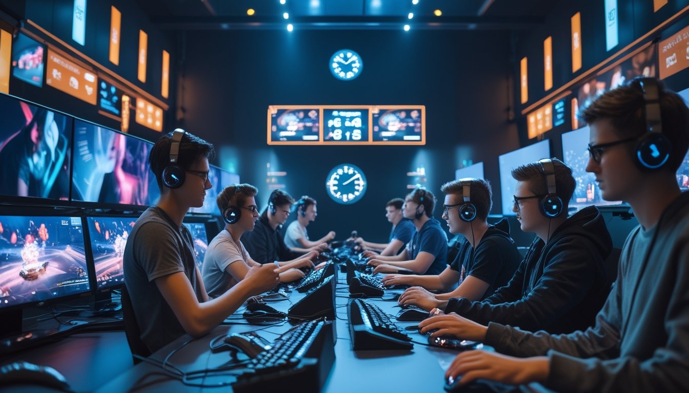 Sekelompok orang muda sedang bermain game kompetitif di arena esports dengan monitor besar dan lampu LED berwarna-warni.