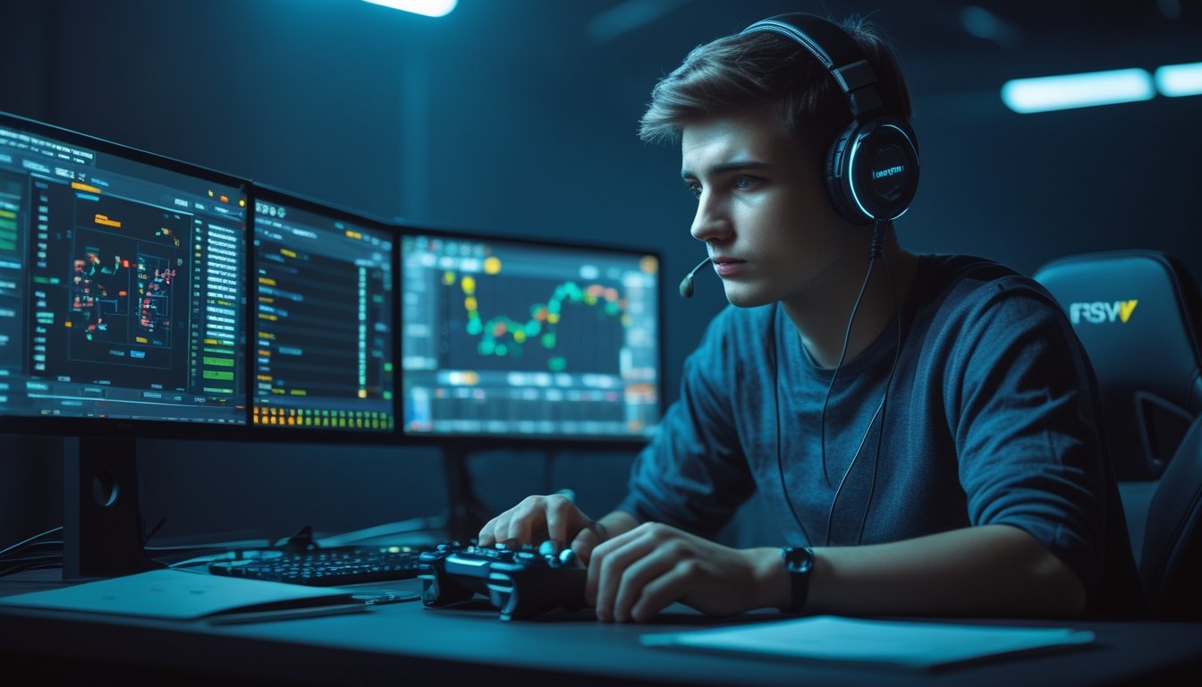 Seorang gamer muda serius duduk di depan komputer dengan beberapa layar menampilkan permainan esports dan data taruhan, di ruangan dengan pencahayaan LED yang redup.