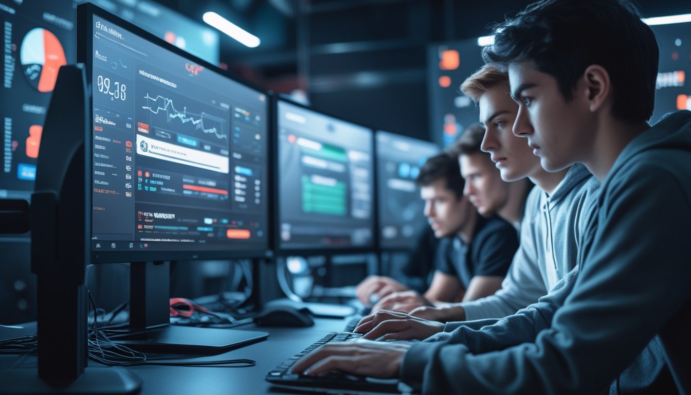 Sekelompok orang muda sedang fokus melihat layar komputer dengan tampilan permainan esports dan data taruhan.