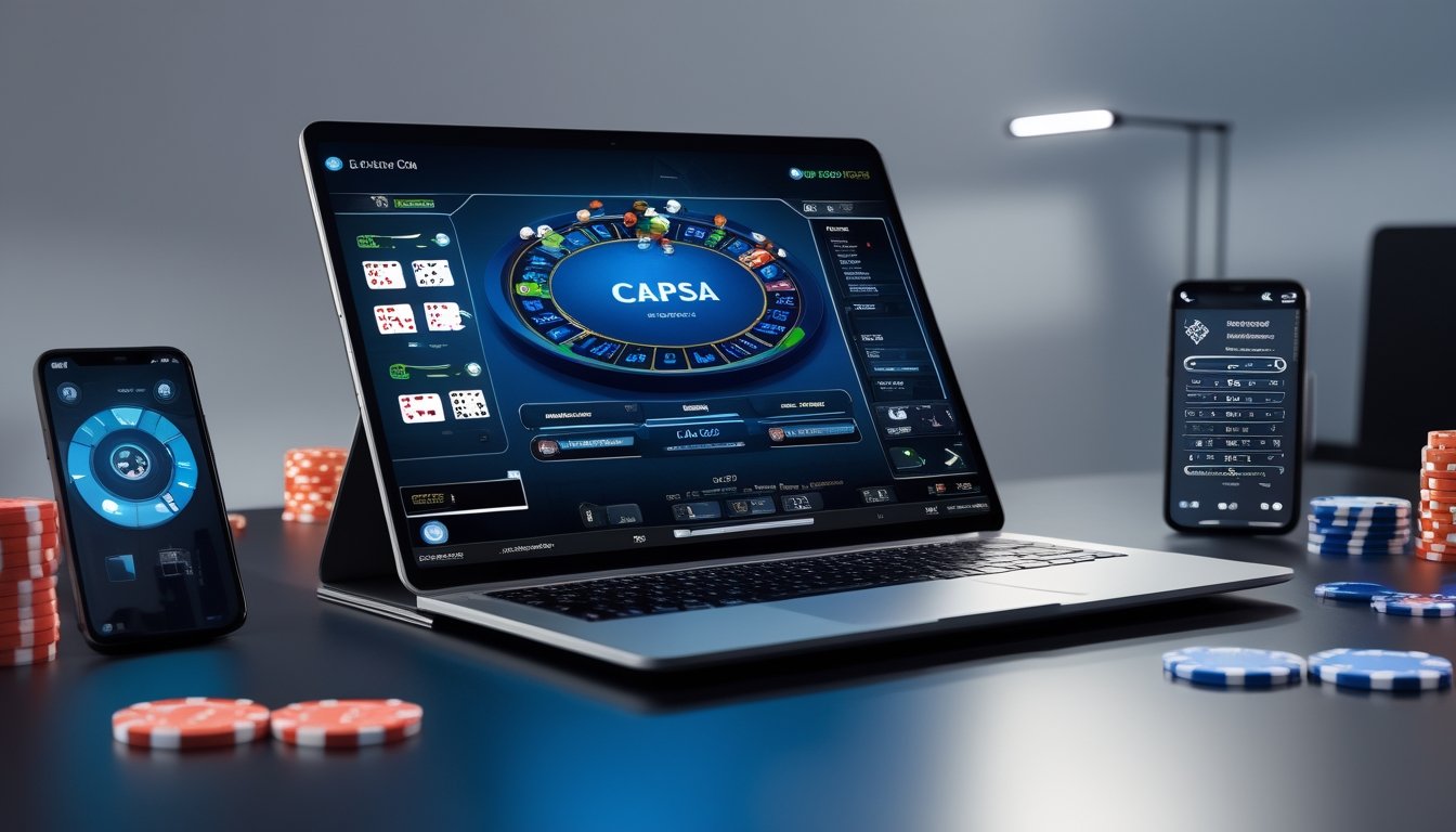 Seorang pengguna sedang bermain Capsa online di laptop dengan kartu dan chip taruhan di layar, di meja kerja yang rapi dengan perangkat teknologi di sekitar.