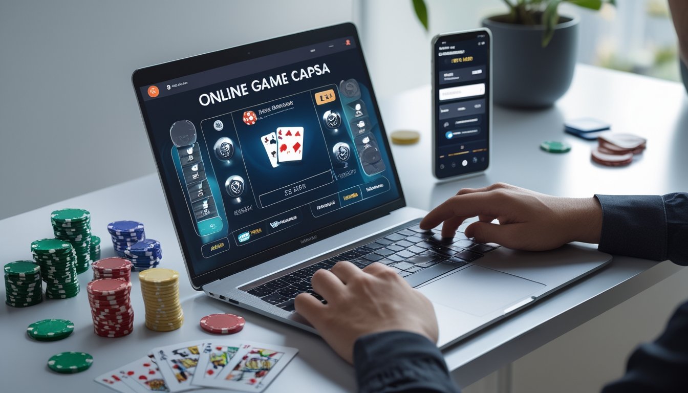 Seseorang bermain permainan Capsa online di laptop dengan kartu dan chip poker di meja.