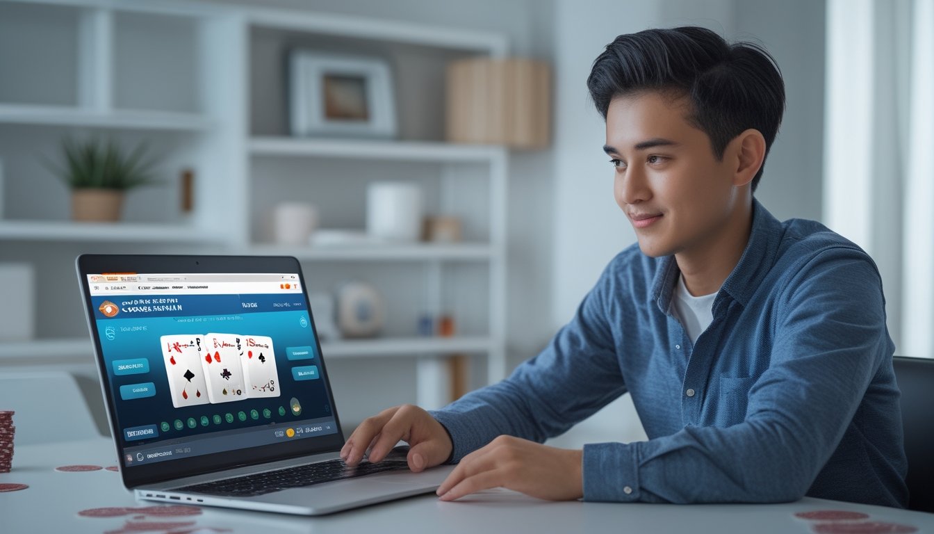 Seorang pemula sedang bermain Capsa Susun di laptop di meja kerja dengan suasana ruangan yang rapi dan terang.