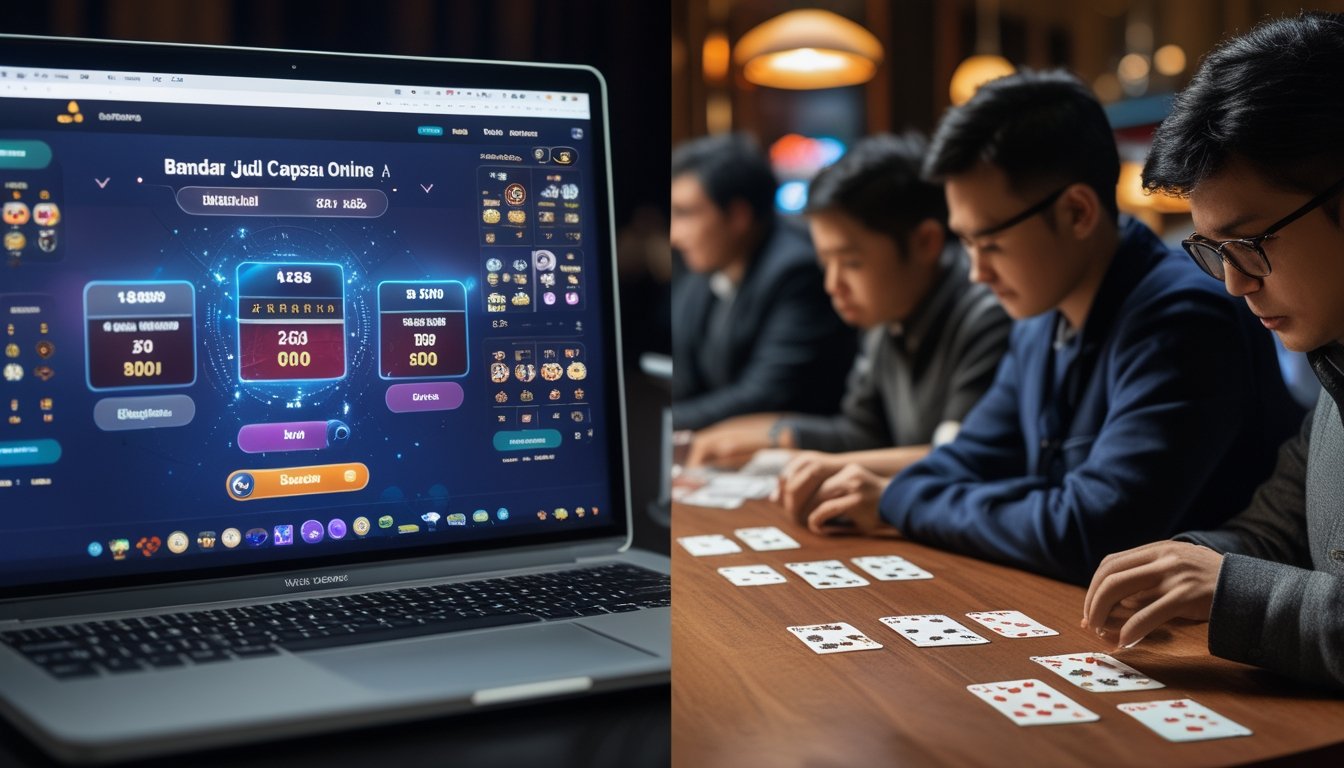 Seseorang bermain Capsa online dengan perangkat digital di sebelah orang lain yang bermain Capsa tradisional menggunakan kartu fisik di meja kayu.