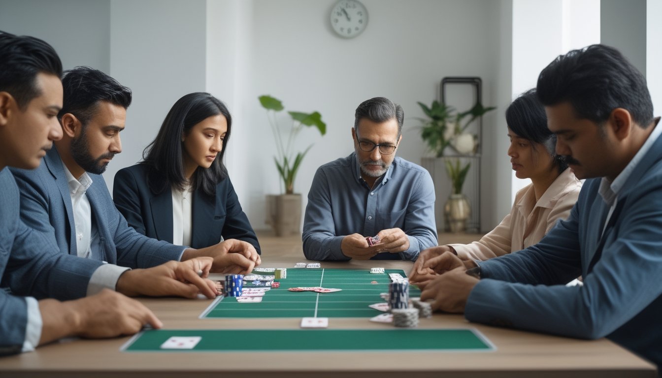 Beberapa orang sedang serius bermain kartu Capsa di meja dengan kartu dan chip tertata rapi.