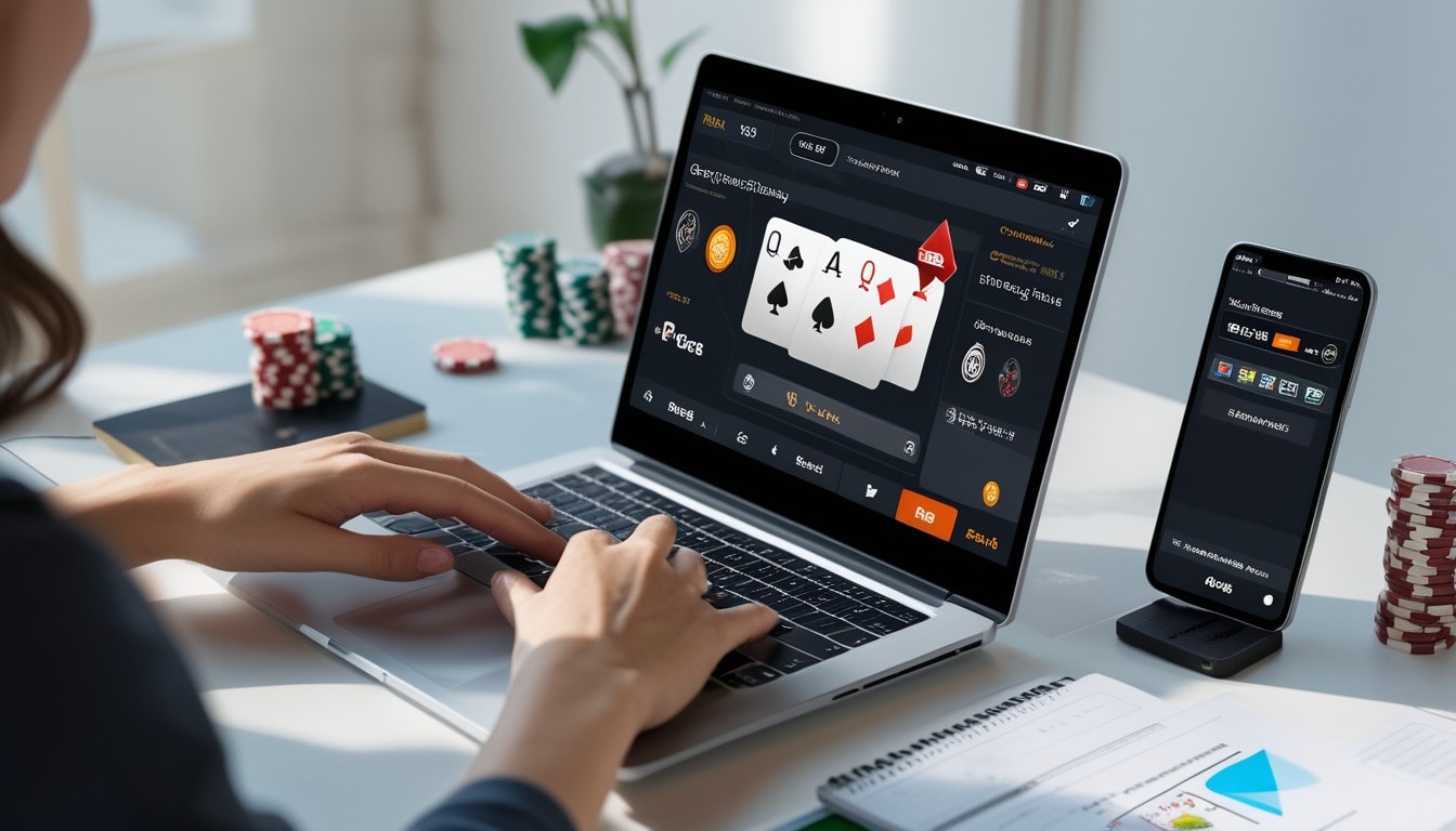 Seseorang sedang bermain permainan kartu Capsa secara online di laptop dengan chip poker dan ponsel di meja.