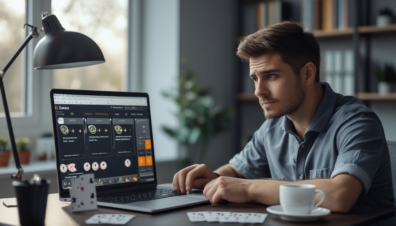 Seorang pria muda duduk di meja dengan laptop yang menampilkan permainan kartu online, terlihat fokus dan berpikir serius.