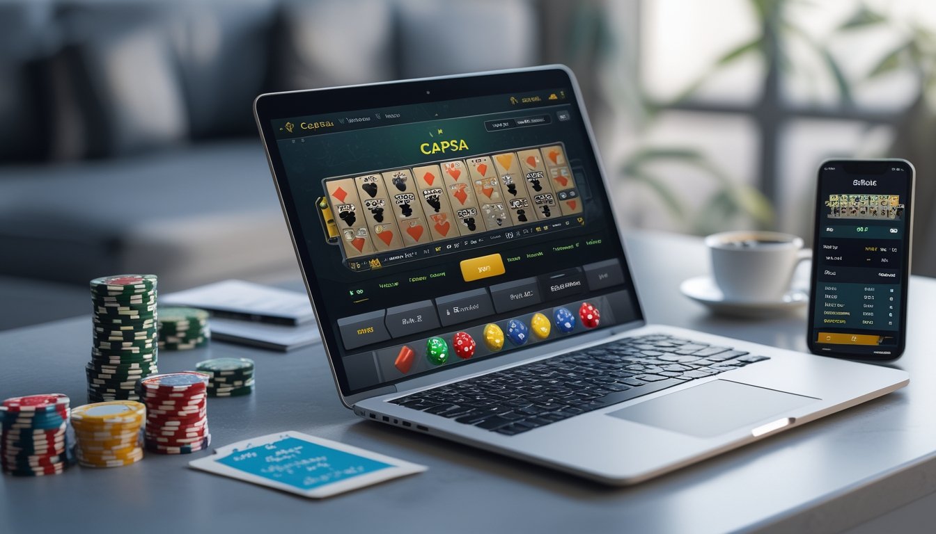 Seorang pemain duduk di depan laptop dengan permainan Capsa online di layar, termasuk chip poker, kartu remi, dan ponsel, menggambarkan suasana taruhan judi Capsa online.