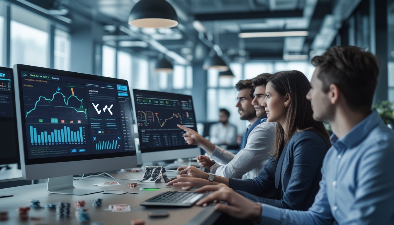 Orang-orang di kantor modern sedang menganalisis data di layar komputer tentang permainan Capsa dan sistem fair play.