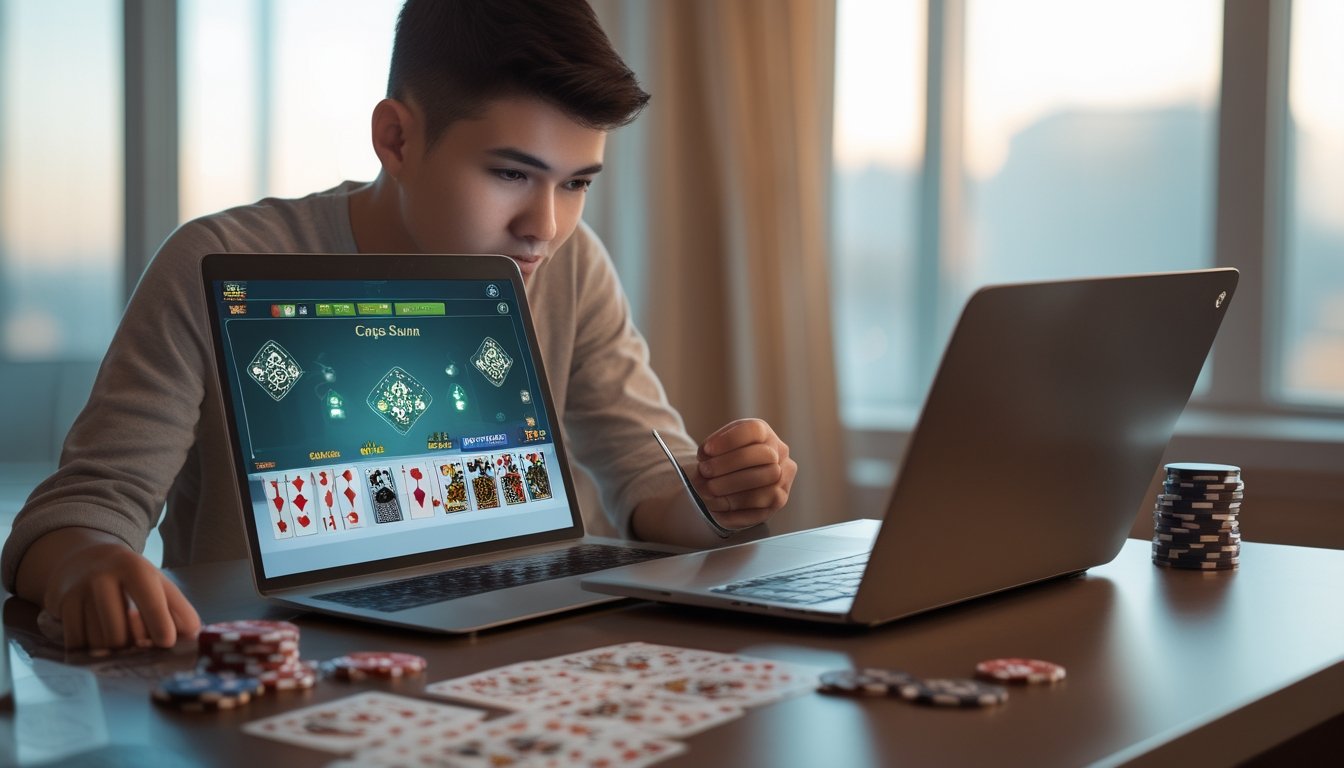 Seorang pemula sedang fokus bermain Capsa Susun di laptop dengan kartu dan chip judi di meja.