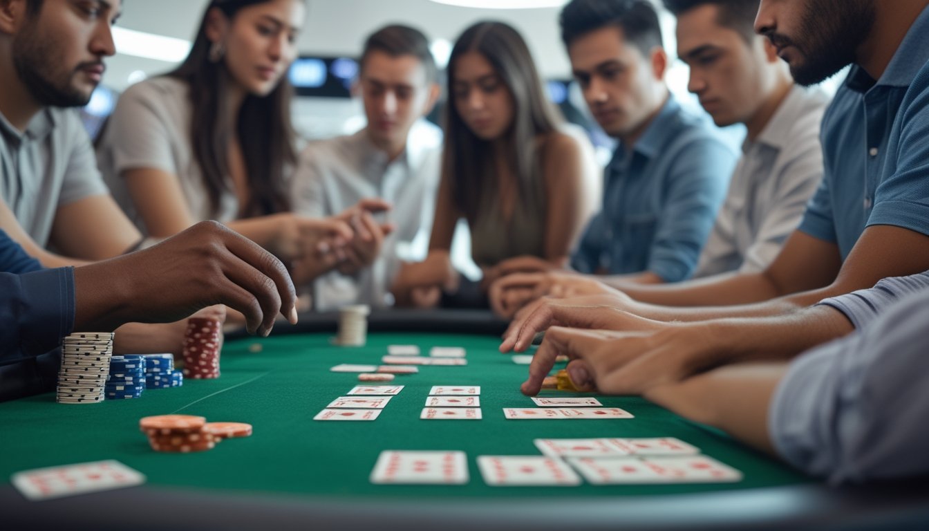 Orang-orang duduk mengelilingi meja kartu bermain Capsa Susun dengan kartu dan chip tertata rapi, fokus pada permainan di lingkungan kasino modern.