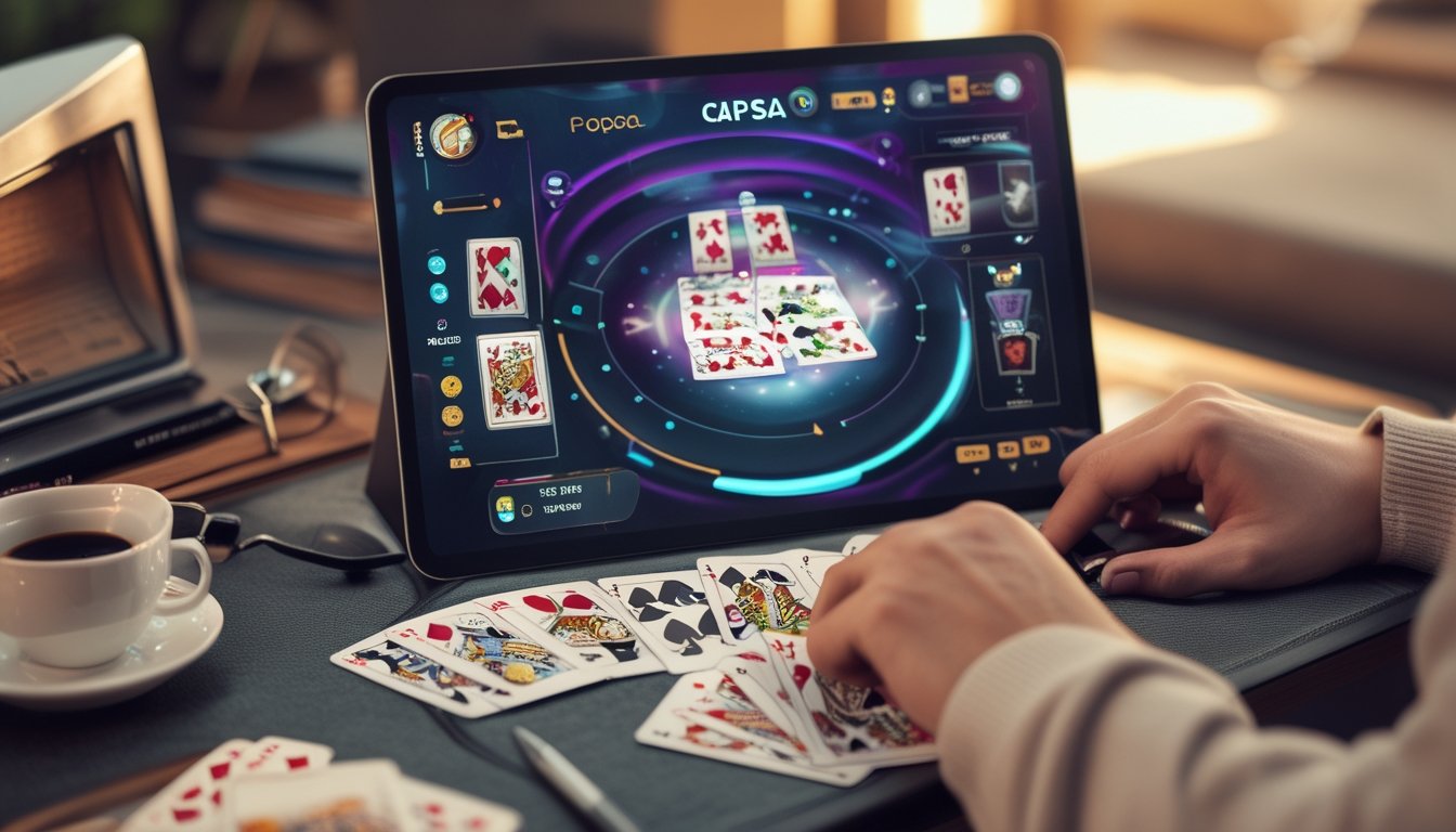 Seorang pemain sedang bermain Capsa online di tablet dengan kartu yang tertata rapi di layar, di atas meja terdapat cangkir kopi dan alat tulis.