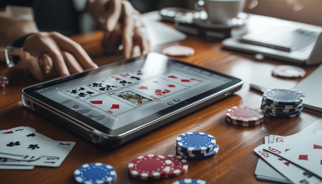 Meja kayu dengan perangkat digital menampilkan permainan kartu Capsa Online, kartu fisik dan chip poker tersebar, suasana belajar dan strategi.