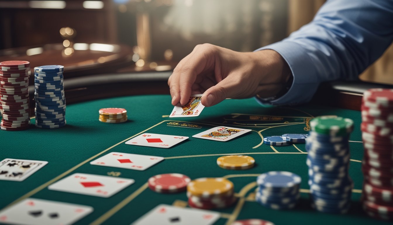 Seorang pemain sedang menganalisis kartu Capsa di atas meja hijau dengan tumpukan chip dan suasana kasino yang tenang.