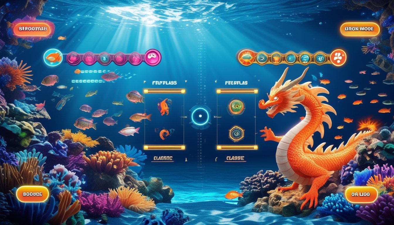 Adegan bawah laut dengan ikan warna-warni dan seekor naga bercahaya yang muncul dari air, menunjukkan dua mode permainan tembak ikan yang berbeda.