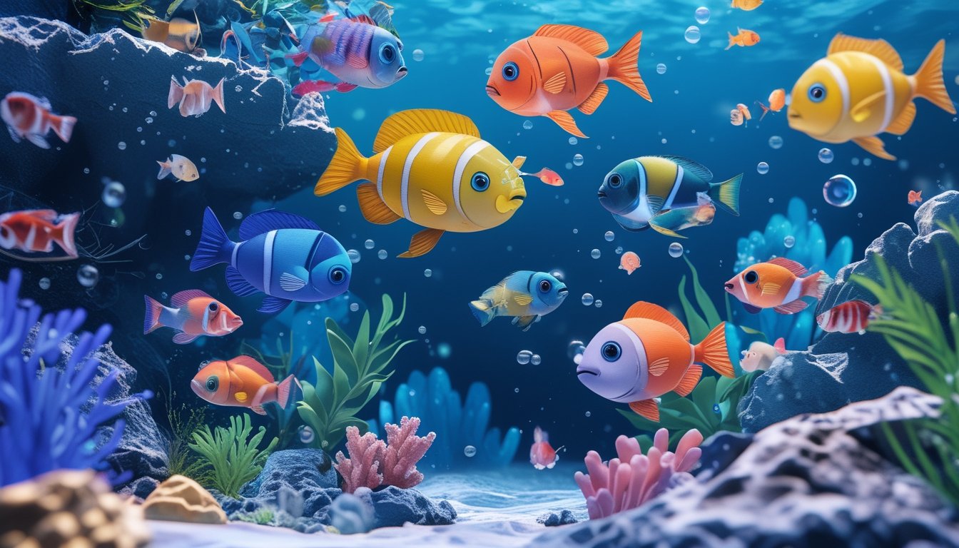 Pemandangan bawah laut yang penuh warna dengan berbagai ikan berenang di sekitar terumbu karang dan tanaman air.