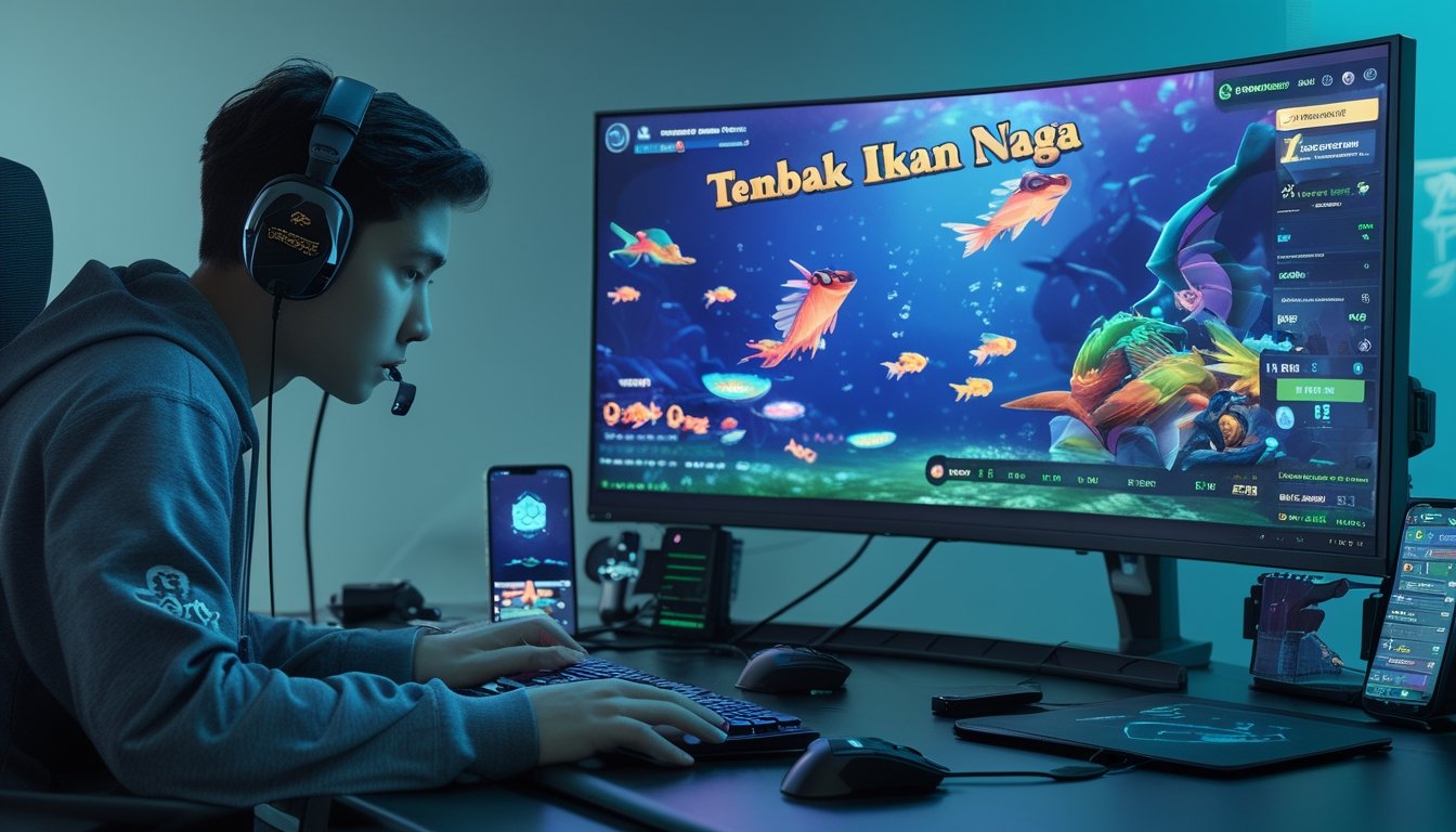 Seorang pemain muda serius bermain game tembak ikan naga di depan komputer dengan layar besar menampilkan grafik bawah laut berwarna-warni dan aksesoris gaming di meja.