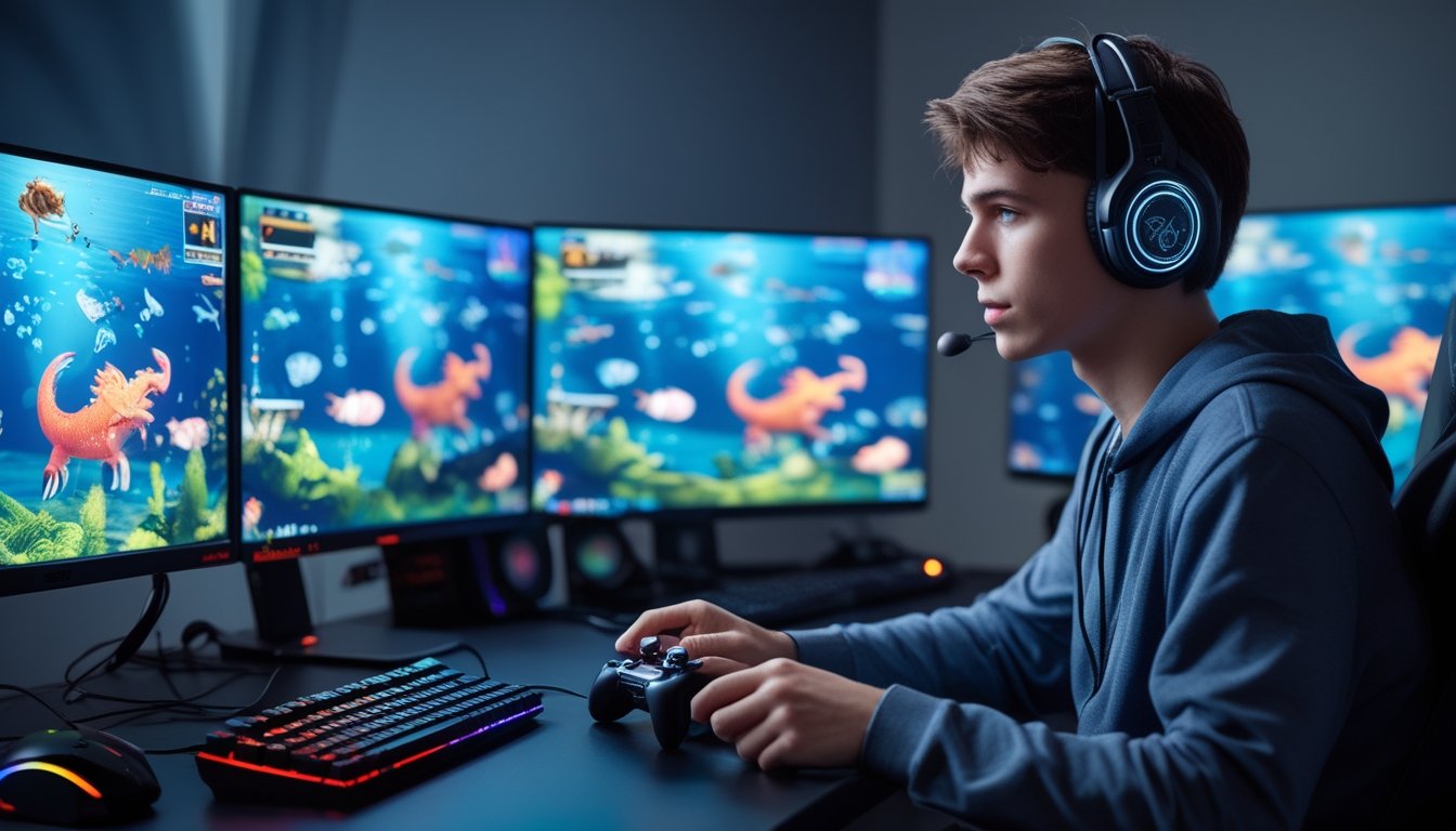 Seorang pria muda fokus bermain game dengan layar menampilkan naga dan ikan di bawah laut.