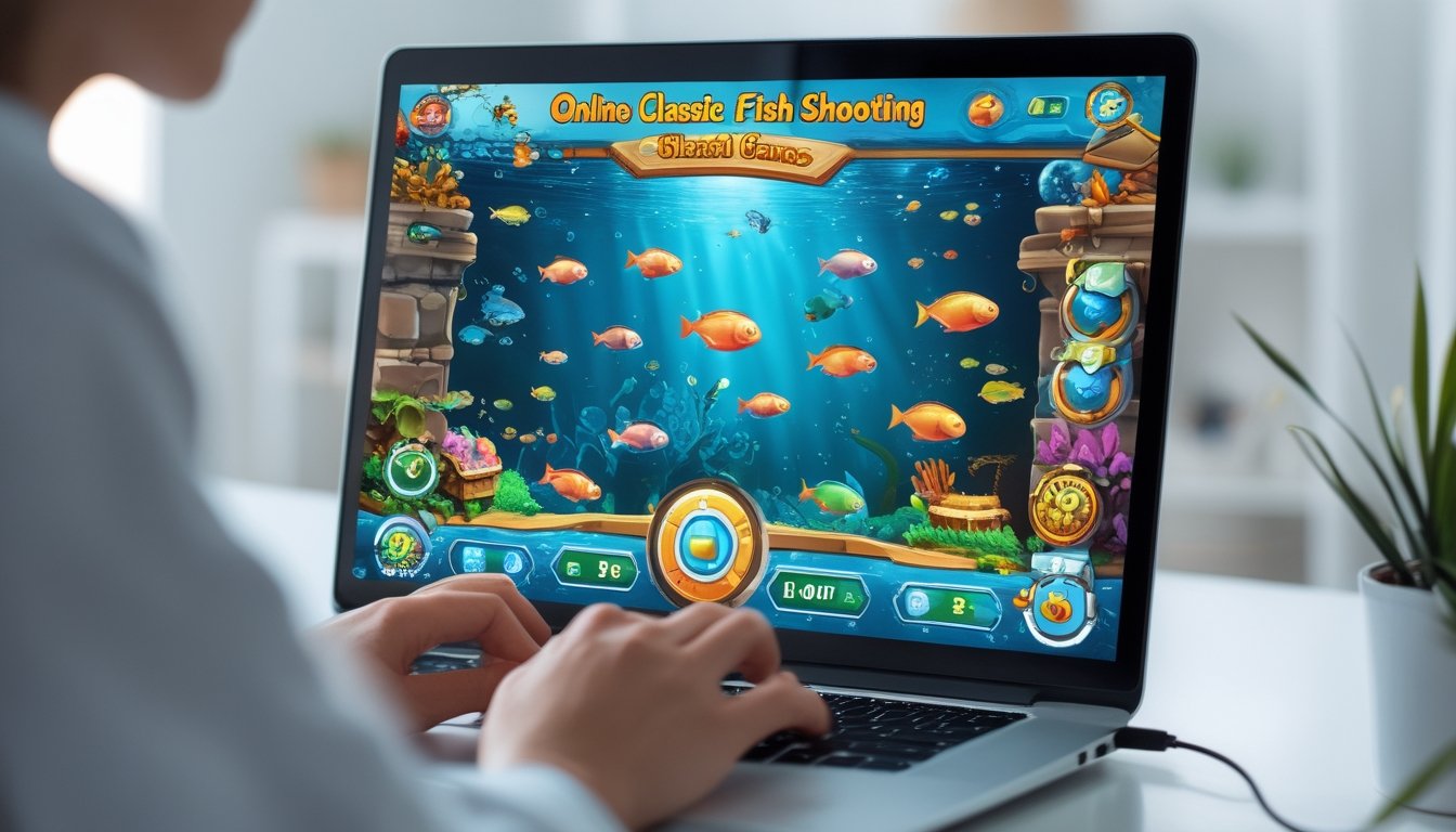 Tampilan layar komputer yang menampilkan permainan tembak ikan klasik online dengan berbagai ikan warna-warni di bawah laut dan tangan yang mengoperasikan perangkat input.