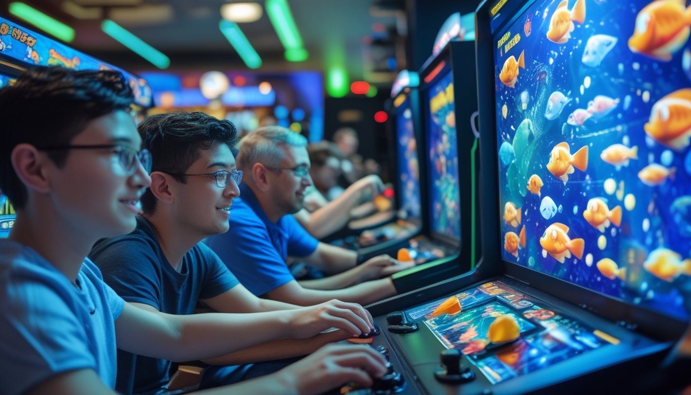Orang-orang bermain game tembak ikan klasik di ruang arcade dengan layar penuh warna dan ikan-ikan animasi di layar.
