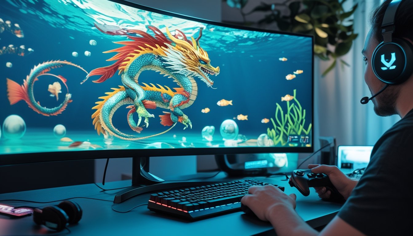 Seorang pemain sedang bermain game tembak ikan dengan tema naga di layar komputer, dengan tangan memegang pengontrol di meja gaming.