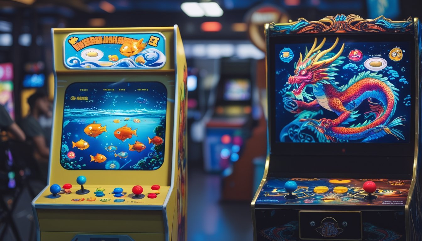 Dua mesin arcade permainan tembak ikan berdampingan, satu bergaya klasik dengan ikan sederhana, satu lagi bertema naga dengan lampu neon dan desain detail.
