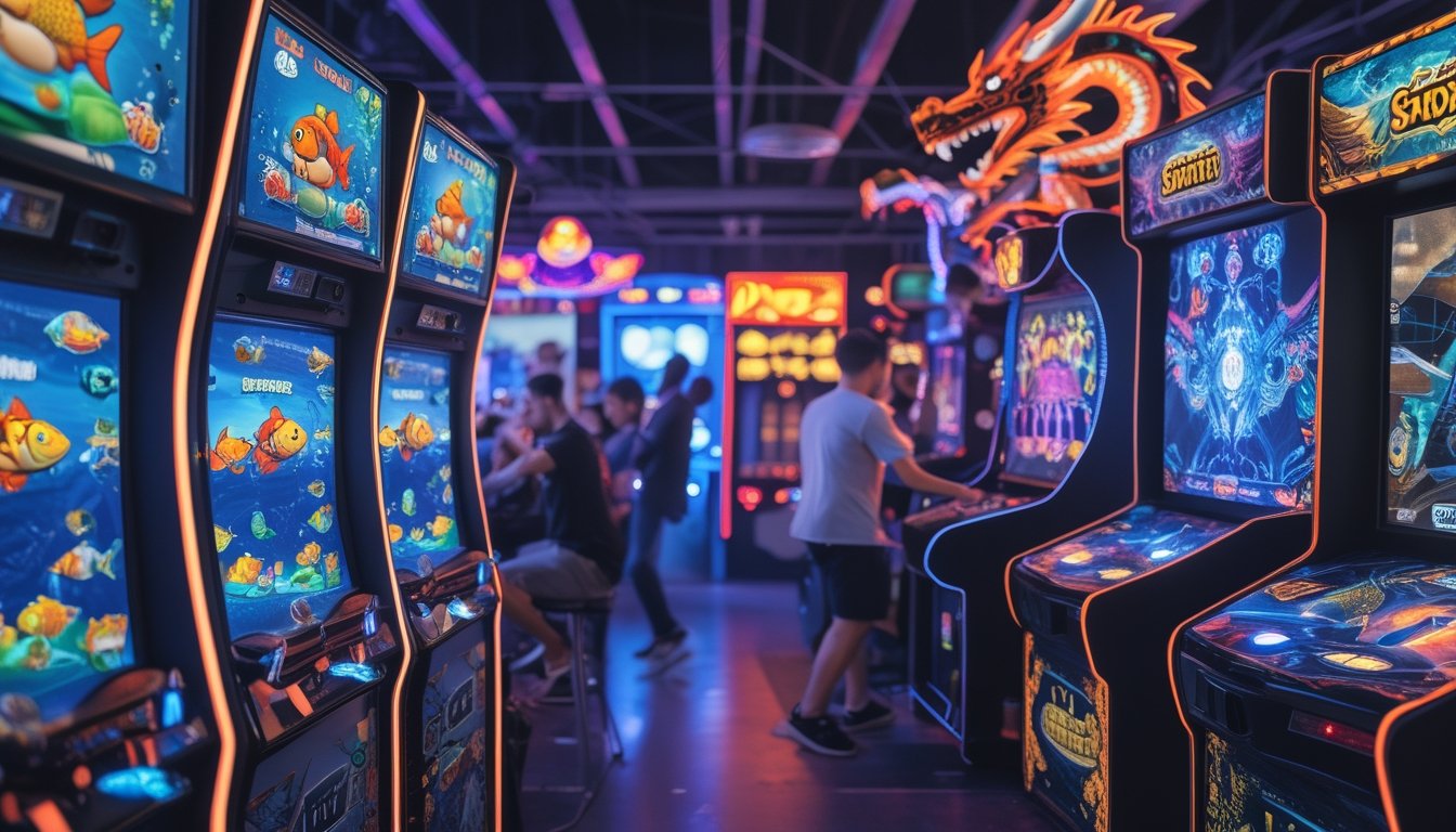Suasana arcade dengan dua mesin permainan tembak ikan, satu bergaya klasik dan satu bergaya naga, dengan pemain yang sedang bermain.