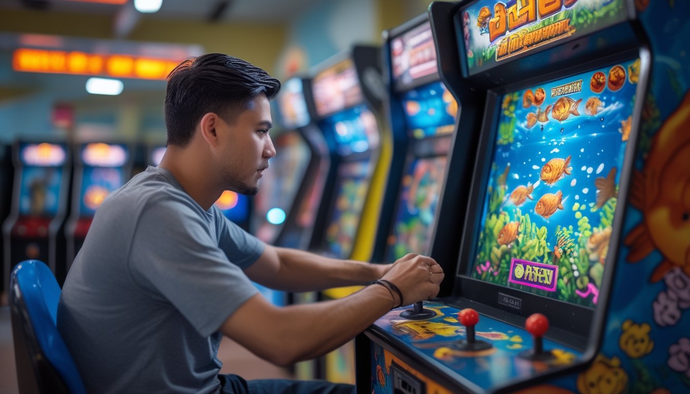 Seorang pria dewasa sedang bermain mesin permainan tembak ikan klasik di dalam arcade dengan ekspresi fokus.