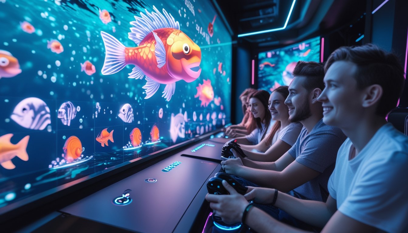 Beberapa orang sedang bermain game tembak ikan naga di ruangan dengan layar besar menampilkan berbagai jenis ikan target, termasuk ikan naga yang menyala.