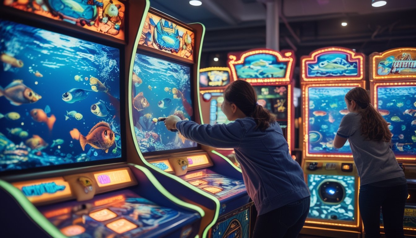 Suasana permainan arcade tembak ikan klasik dengan mesin permainan berwarna-warni dan layar menampilkan ikan-ikan yang bergerak, serta pemain yang sedang bermain.