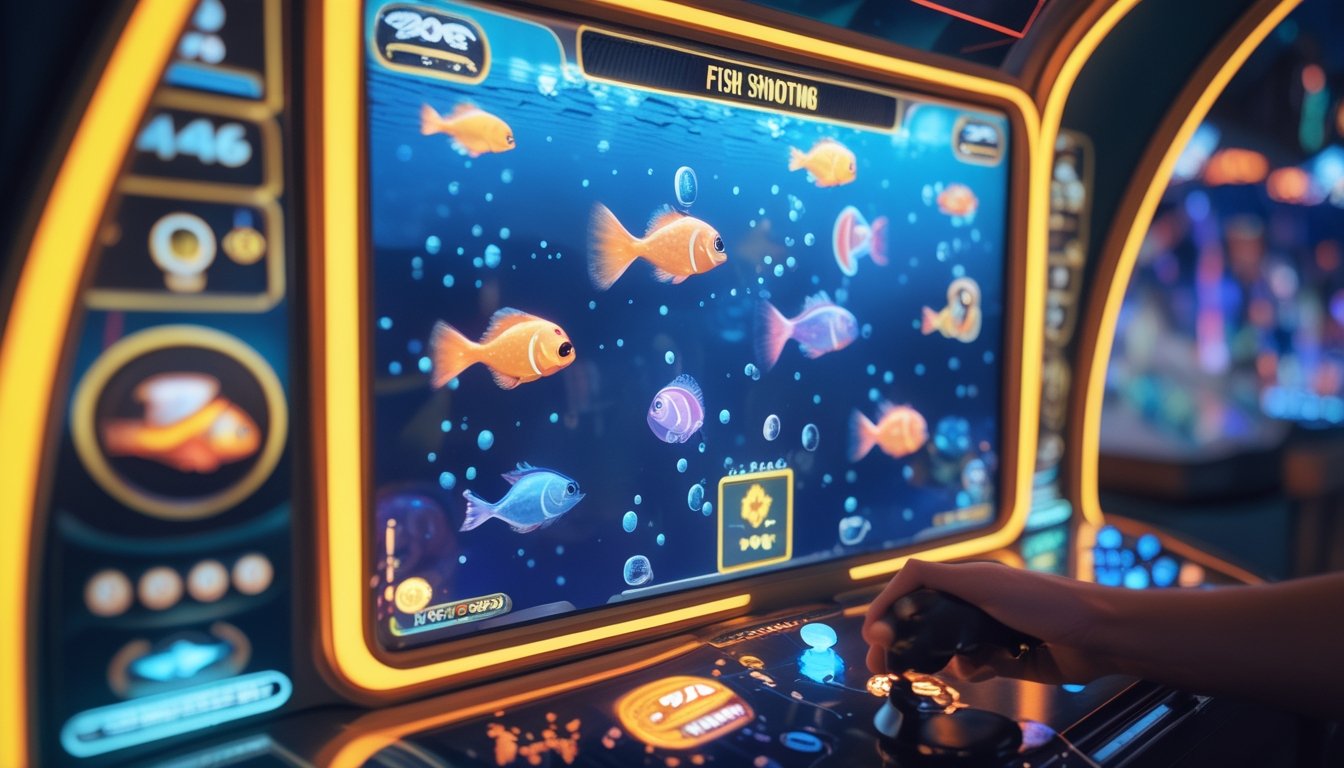 Seorang pemain sedang bermain permainan arcade menembak ikan dengan layar penuh ikan berwarna-warni dan kontroler di tangan.