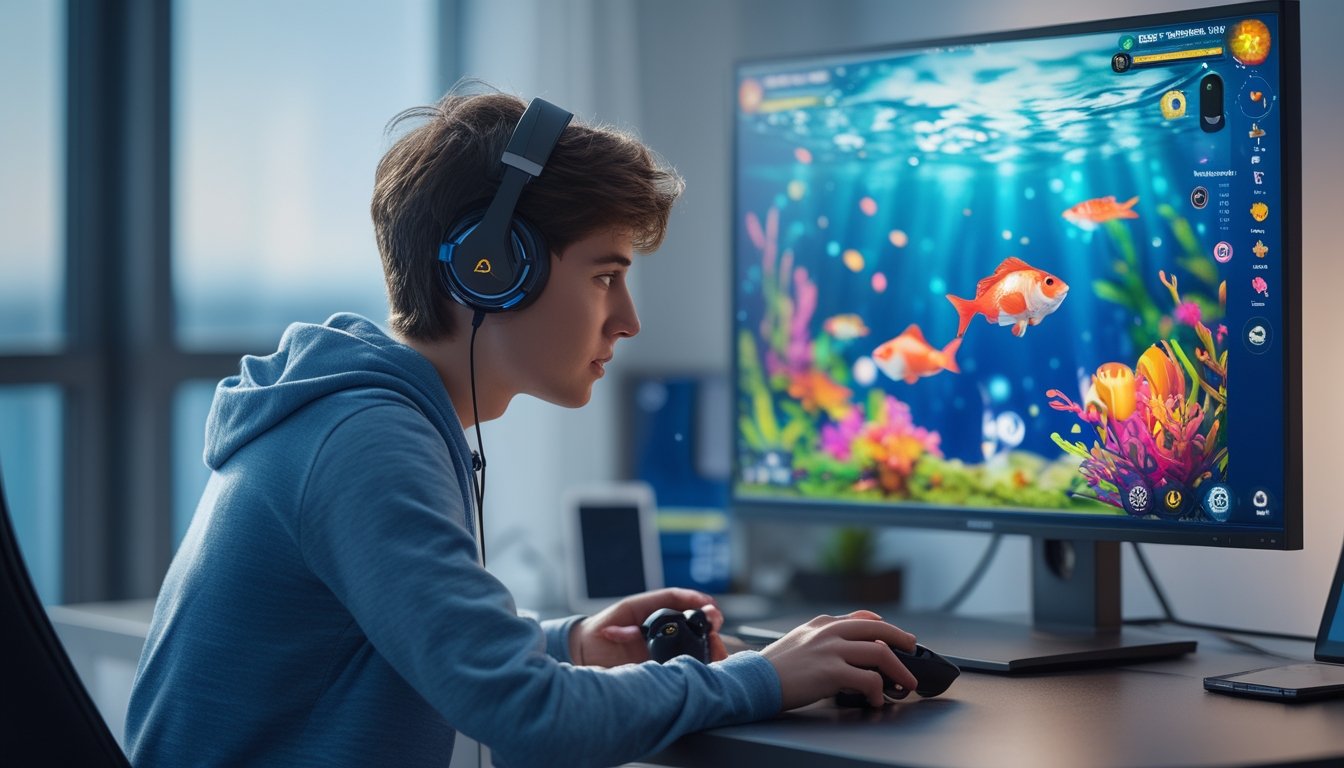 Seorang pemula sedang fokus bermain game tembak ikan digital di depan komputer dengan layar yang menampilkan ikan berwarna-warni.