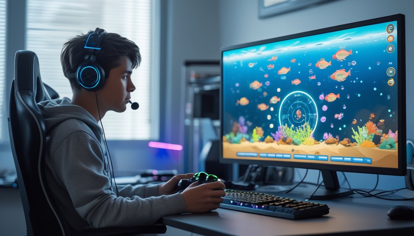 Seorang pria muda sedang bermain game tembak ikan digital di depan komputer dengan ekspresi fokus dalam ruangan yang terang.