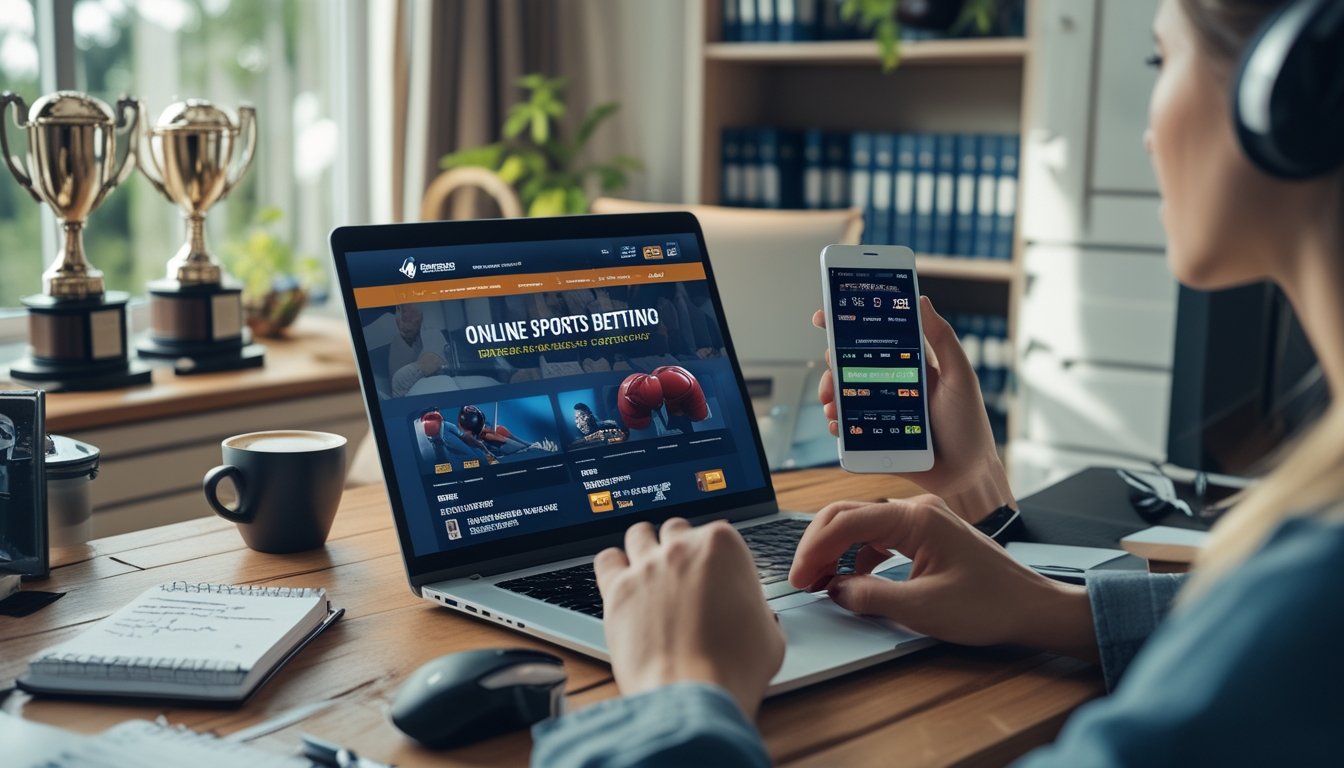 Seorang pria duduk di depan laptop di meja kerja dengan layar menampilkan situs taruhan olahraga tinju dan MMA, dikelilingi catatan, ponsel, dan perlengkapan olahraga.