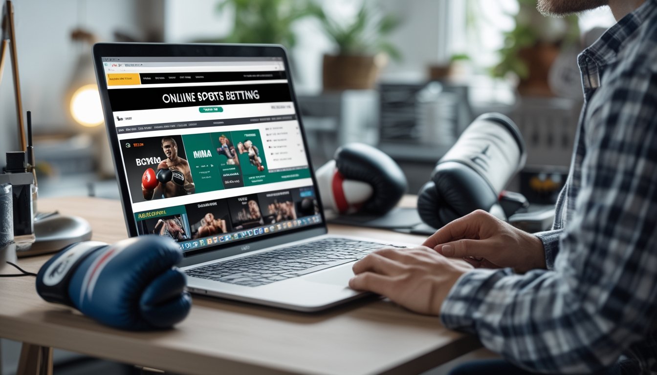 Seseorang sedang menggunakan laptop dengan situs taruhan olahraga terbuka, di meja terdapat sarung tinju dan sarung tangan MMA.