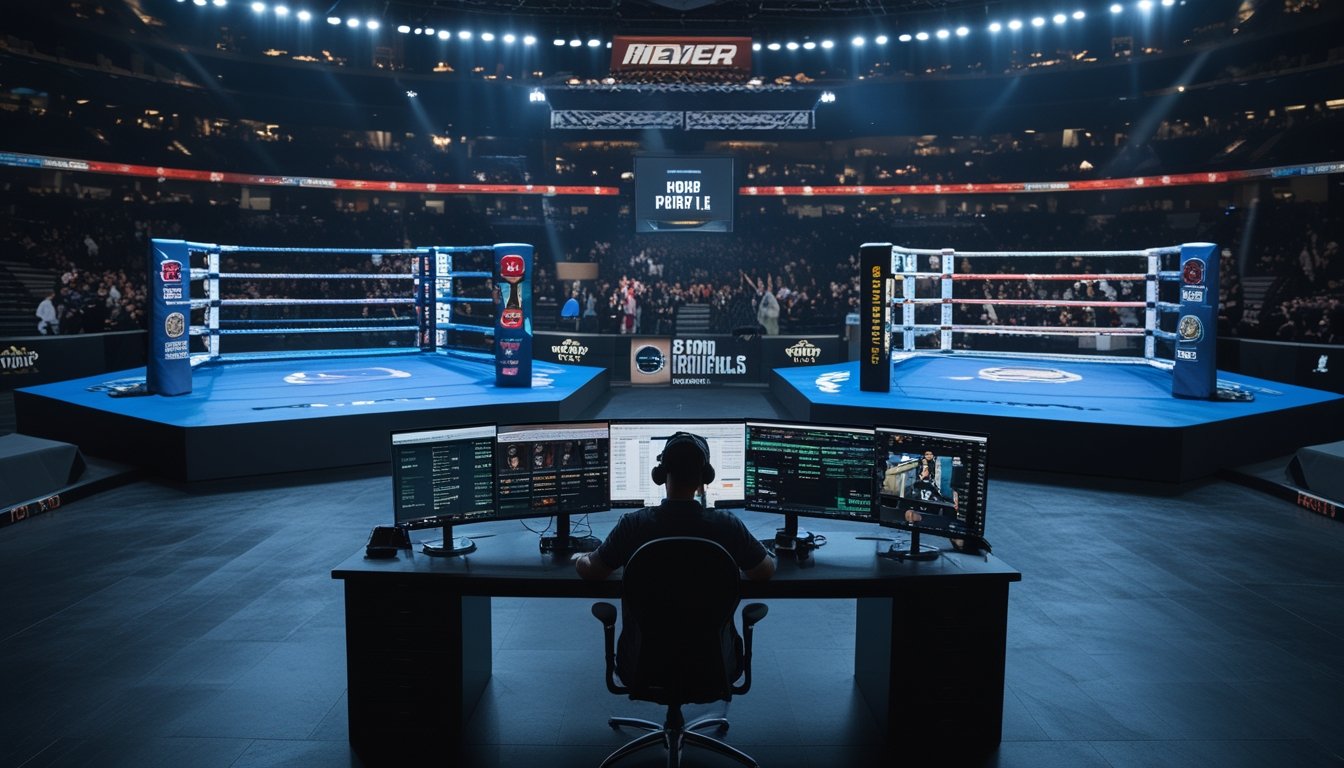 Seorang analis olahraga sedang memantau pertandingan tinju dan MMA di arena besar dengan kerumunan penonton yang antusias.