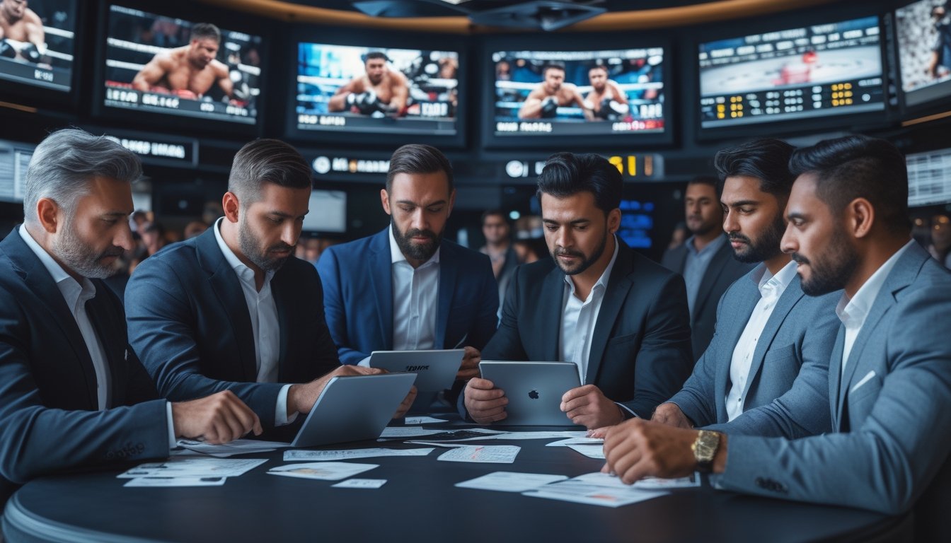 Sejumlah orang sedang melihat layar besar yang menampilkan pertandingan tinju dan MMA, sambil menggunakan perangkat digital untuk memilih taruhan olahraga.