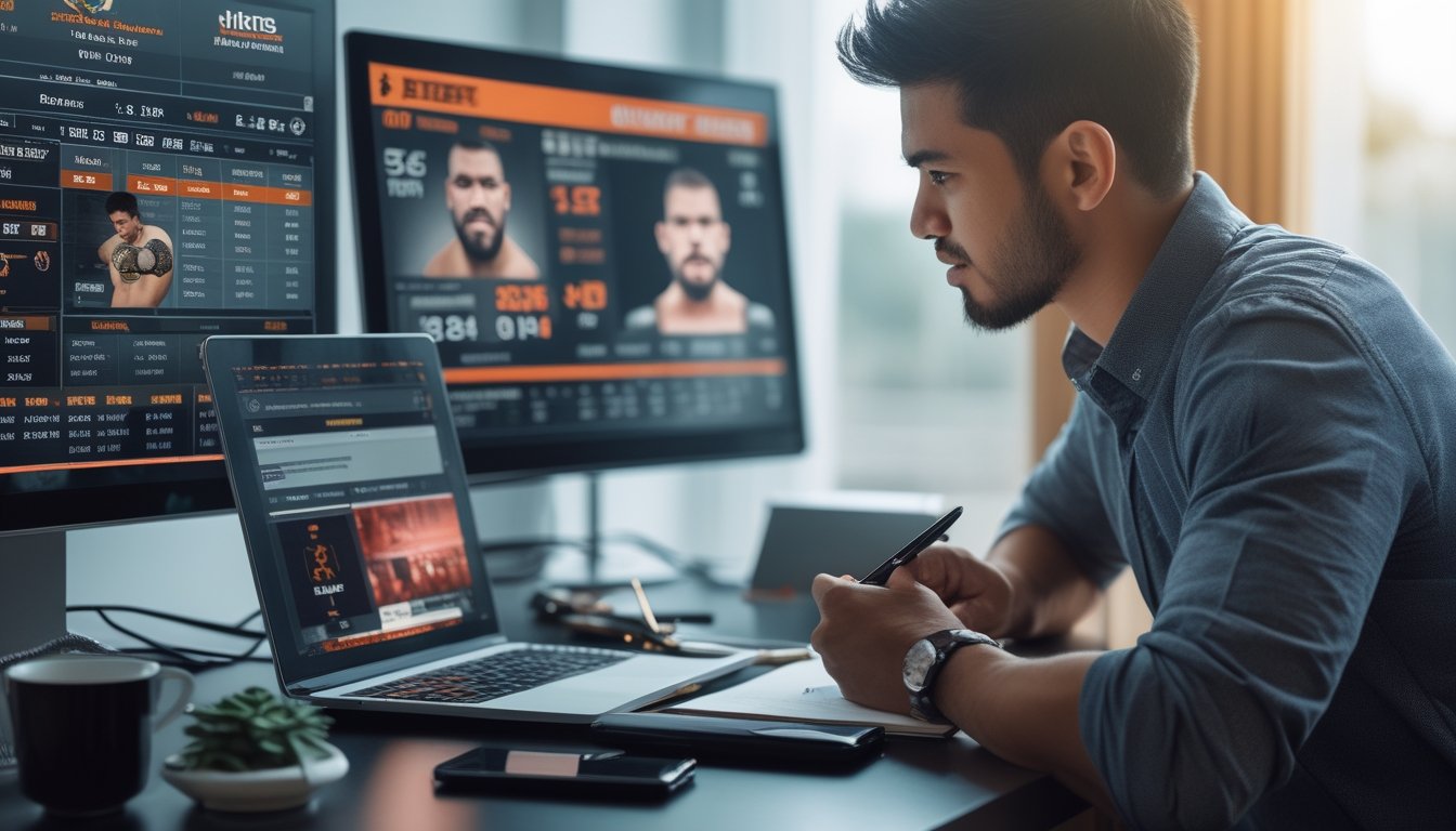 Seorang pria sedang menganalisis data taruhan MMA secara serius di ruang kerja modern dengan beberapa layar komputer.