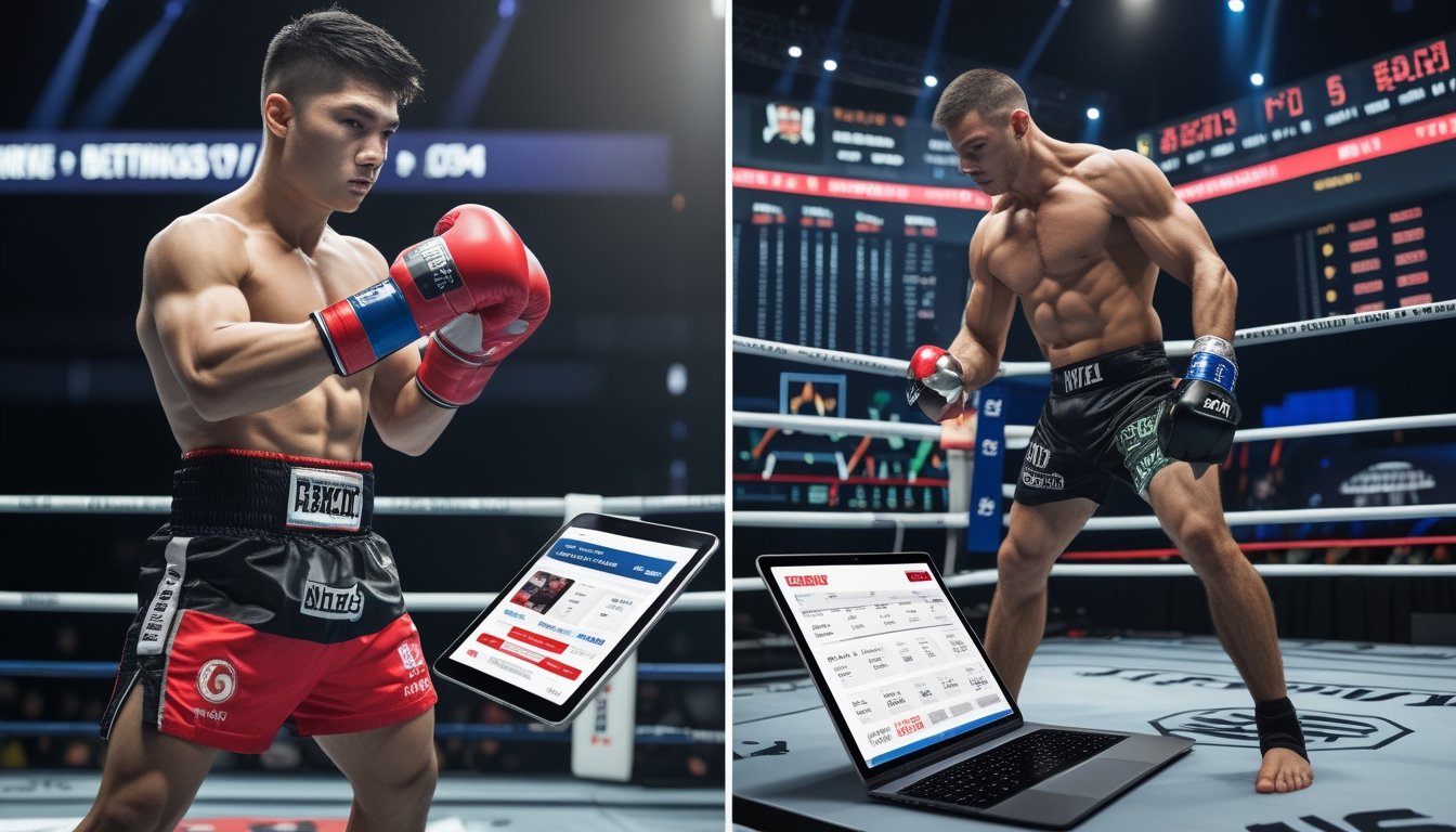 Seorang petinju dan petarung MMA sedang bersiap dalam arena masing-masing dengan perangkat elektronik yang menampilkan informasi taruhan olahraga online di latar belakang.