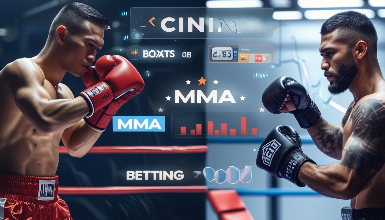 Dua atlet bertanding, satu petinju di ring tinju dan satu petarung MMA di arena kandang, dengan ilustrasi elemen taruhan olahraga online di antara mereka.
