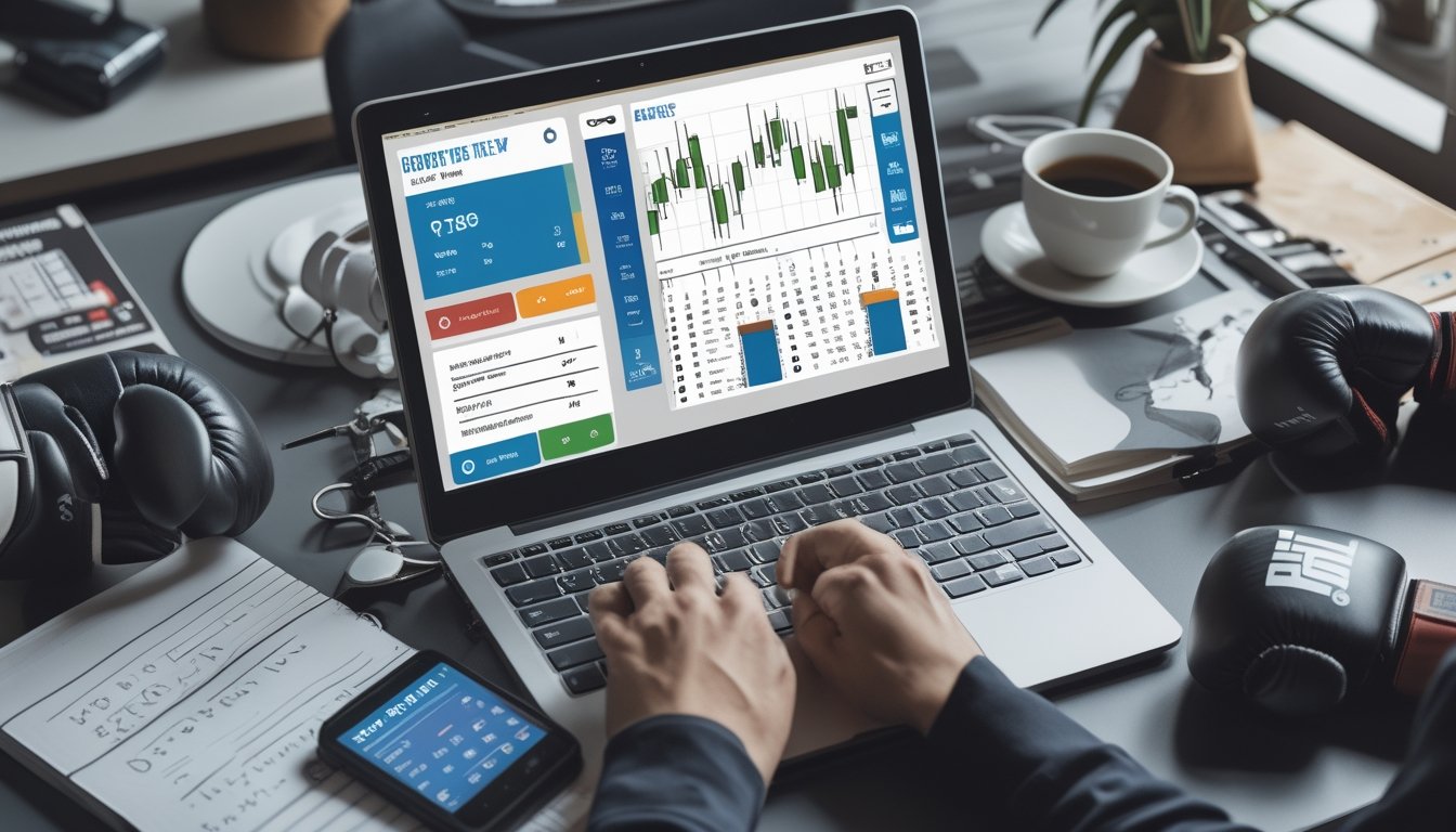 Meja kerja dengan laptop yang menampilkan grafik peluang taruhan olahraga, sarung tinju dan sarung MMA, serta catatan dan smartphone.
