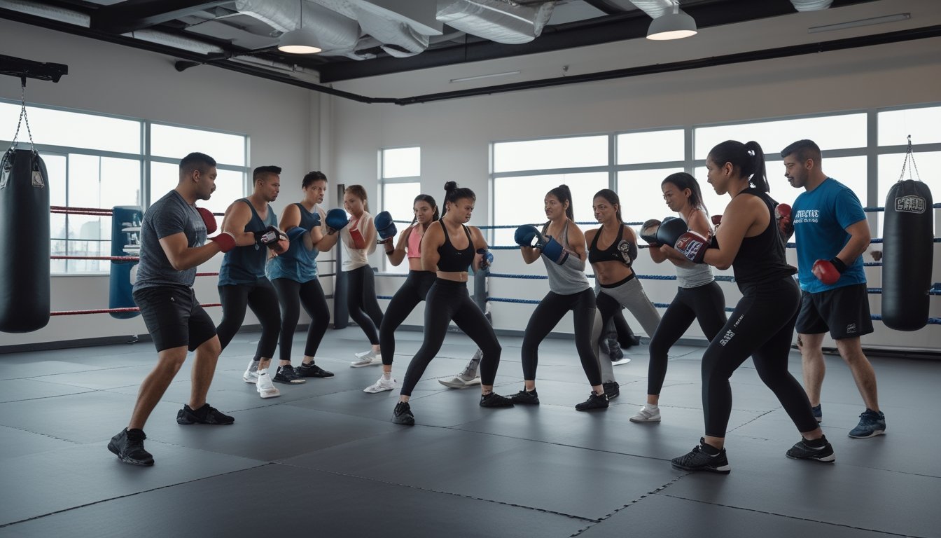 Beberapa orang muda berlatih tinju dan MMA di ruang latihan olahraga yang terang dan modern.